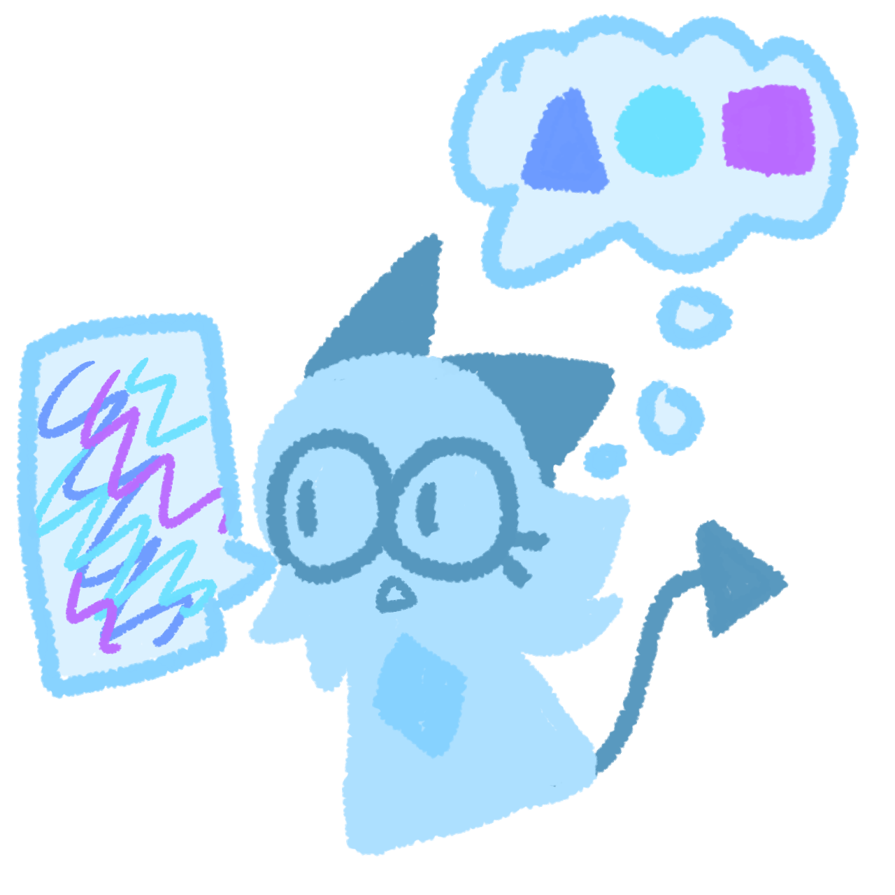 a light blue demon with blue glasses, horns, and tail. he has two light blue bubbles. In the thought bubble, there is a neatly drawn blue triangle, cyan circle, and purple rectangle. In the speech bubble, there are many scribbles which are blue, cyan, and purple